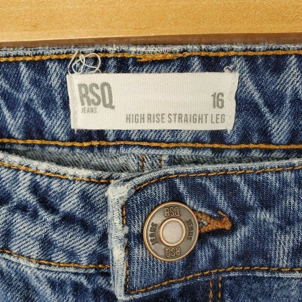 RSQ High Rise Straight Leg Juniors Size 16 Girls Medium Wash Jeans Distressed - Picture 2 of 5